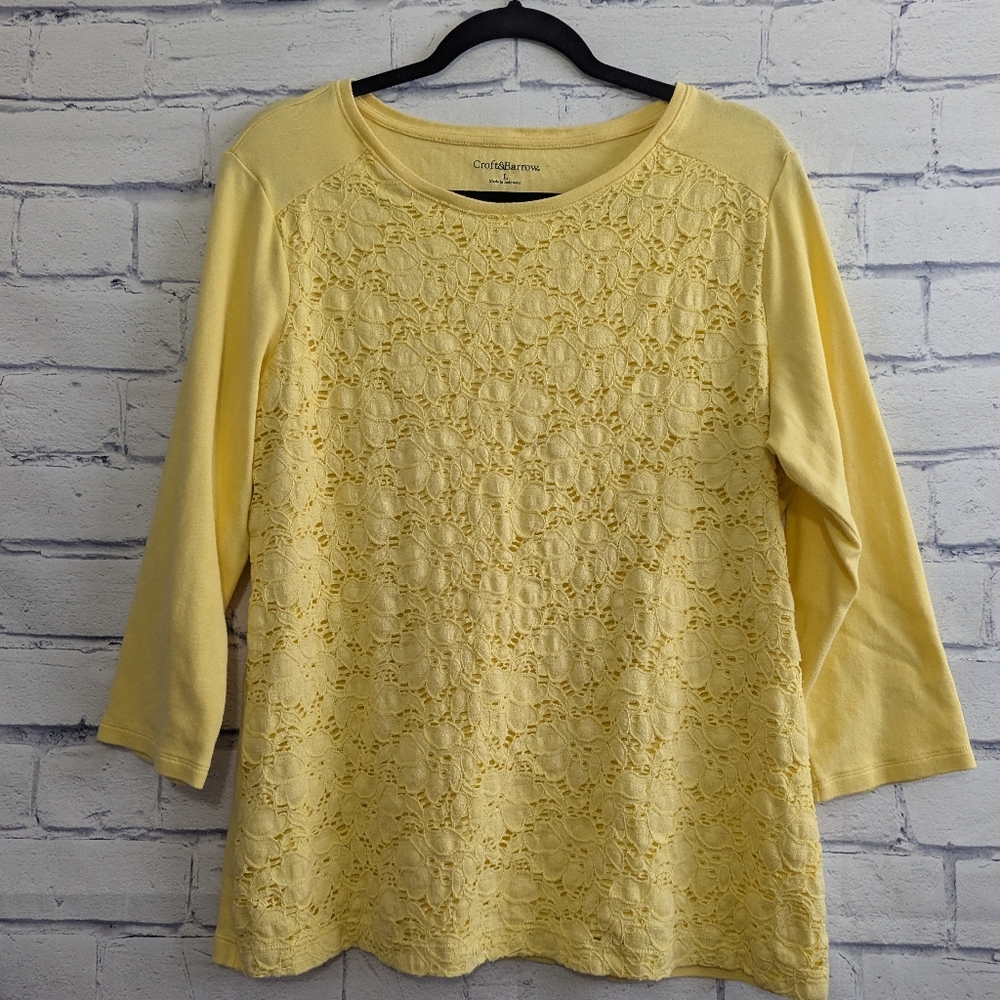 Croft & Barrow Shirt 3/4 Sleeve Yellow Eyelet Lace Top Women's Size Large